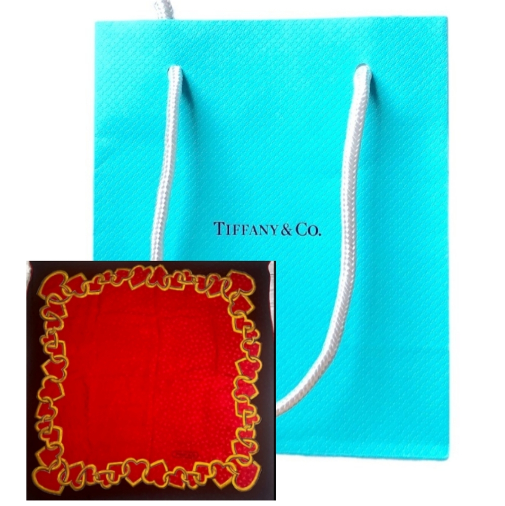 ❤ Tiffany & Co. Red Gold & Black Heart Silk Scarf 34" + Bag  *
